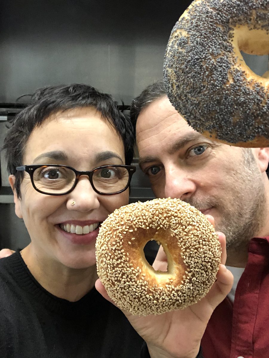 Linda and Steve with a sesame bagel